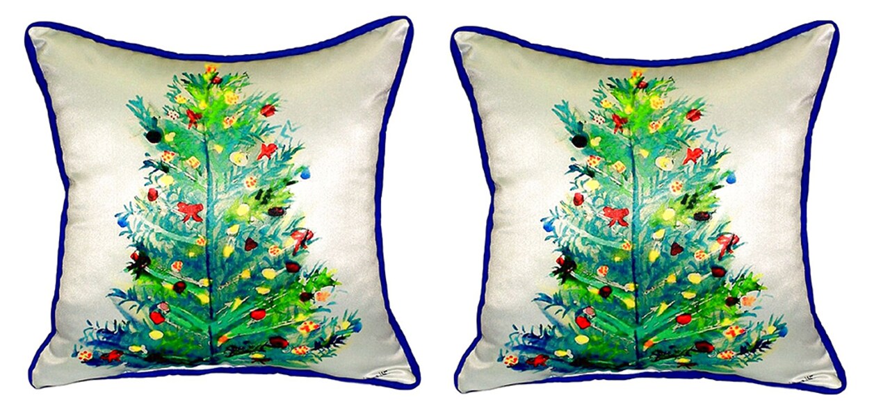 Pair of Betsy Drake Christmas Tree Small Outdoor/Indoor Pillows 12 In. X 12 In.